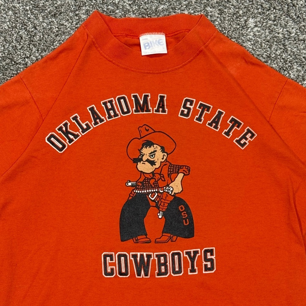 Vintage 80s Oklahoma State Cowboys T-Shirt Mens L Orange Bike Pistol Pete OSU - Picture 2 of 7
